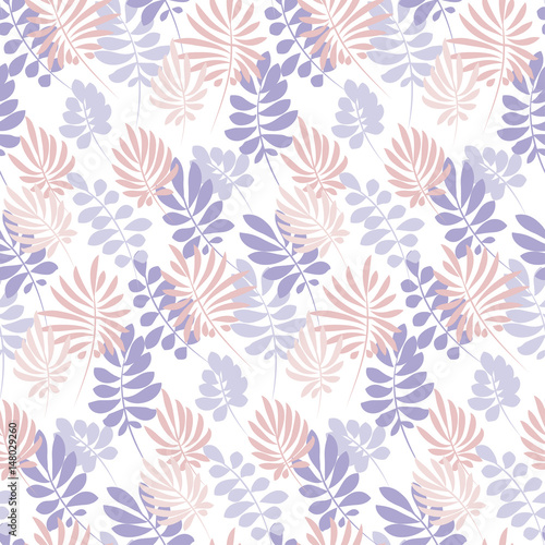 Tropical tender image on white background for bed linen. Seamless floral pattern with exotic leaves for wrapping paper, fabric, cloth. Vector illustration