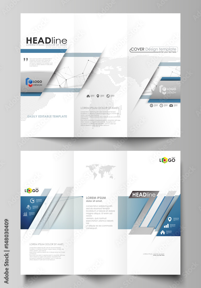 Business templates in HD format for presentation slides. Abstract vector layouts in flat design. Geometric blue color background, molecule structure, science concept. Connected lines and dots.