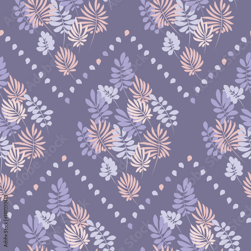 Tropical tender image for bed linen. Seamless floral pattern with exotic leaves for wrapping paper, fabric, cloth. Vector illustration