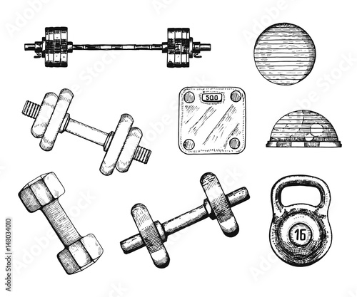 Sports fitness equipment. Vector illustration hand drawing