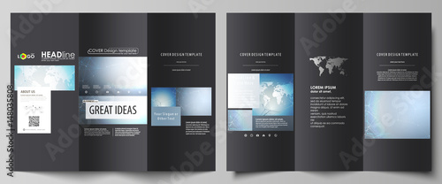 The black colored minimalistic vector illustration of the editable layout of two creative tri-fold brochure covers design templates. Scientific medical DNA research. Science or medical concept.