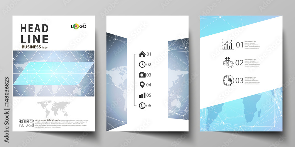 The vector illustration of editable layout of three A4 format modern covers design templates for brochure, magazine, flyer, booklet. Polygonal texture. Global connections, futuristic geometric concept