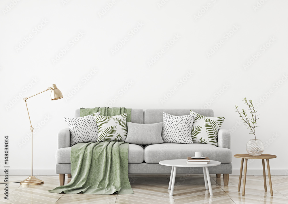 Scandinavian style livingroom with fabric sofa, pillows, plaid, lamp and  green plant in vase on white wall background. 3d rendering. Stock  Illustration | Adobe Stock
