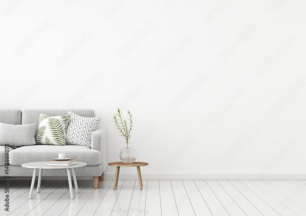Livingroom interior wall mock up with gray fabric sofa and pillows on white background with free space on right. 3d rendering. - obrazy, fototapety, plakaty 