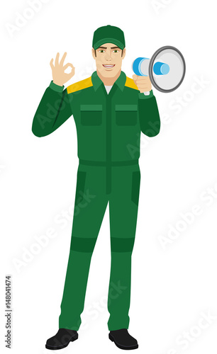 Worker with loudspeaker showing a okay hand sign