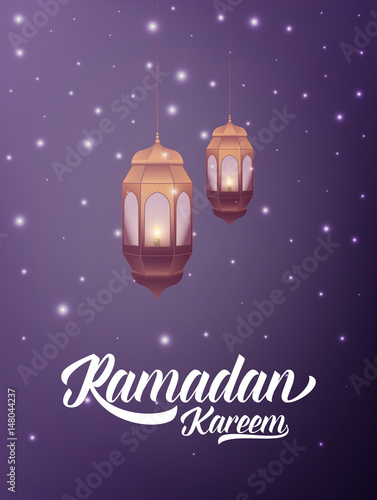 Ramadan Kareem. Illustration with arabic lantern typography and misterious lights