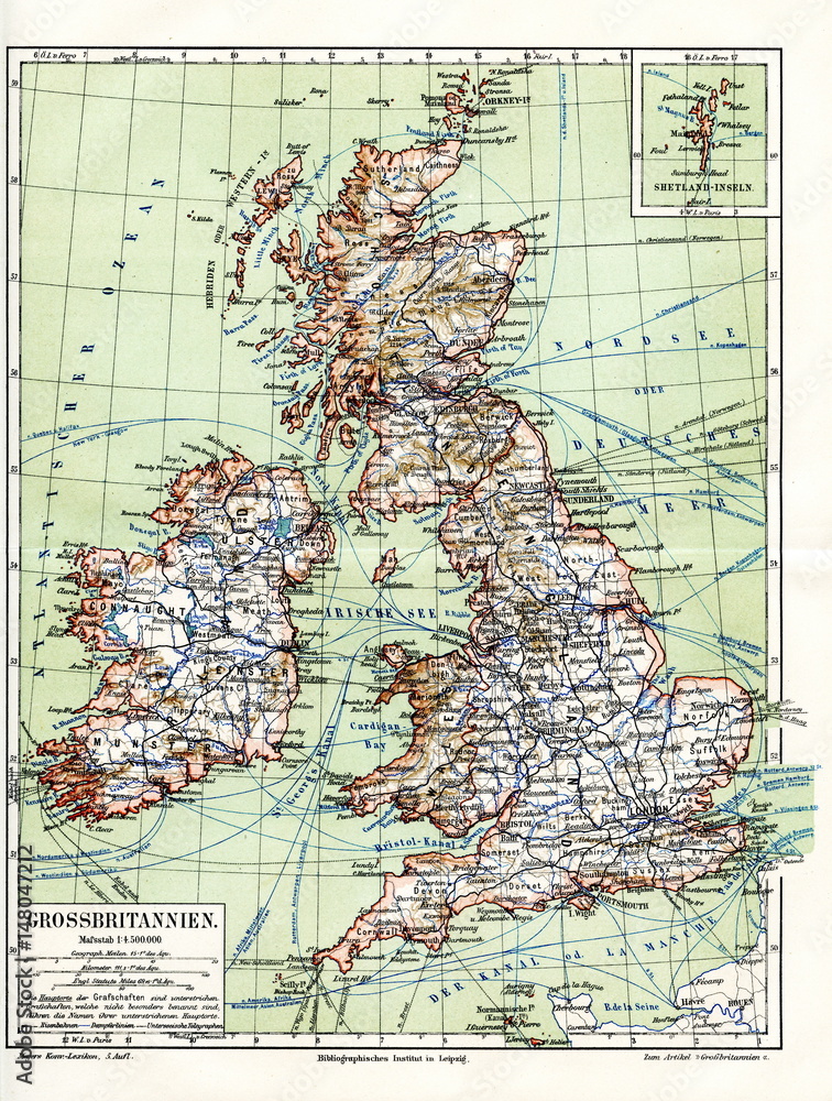 Naklejka premium United Kingdom (from Meyers Lexikon, 1895, 7/1028/1029)