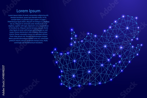 Map of South Africa from polygonal blue lines and glowing stars vector illustration
