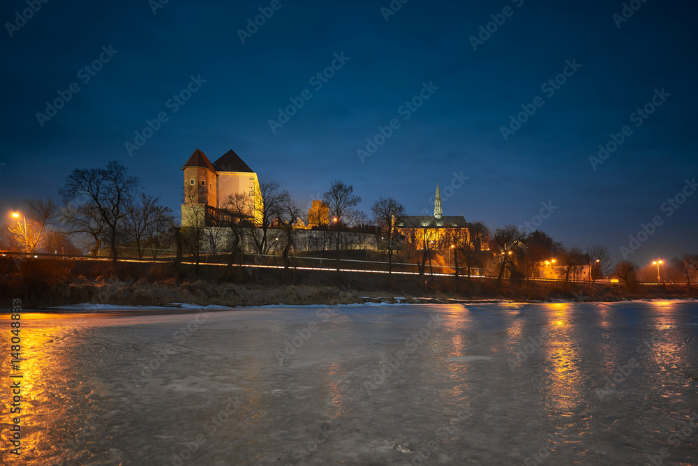 A view of the old town of Sandomierz at night