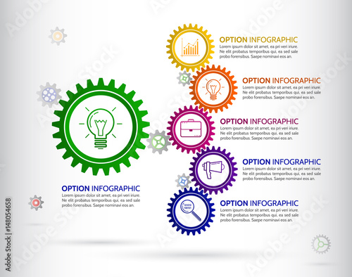 Infographic design template with gear chain. Colorful gear symbol with number, icons and Information text.