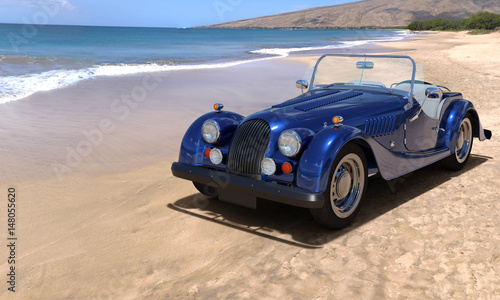 A car on resort seashore in a sunny day. 3d render