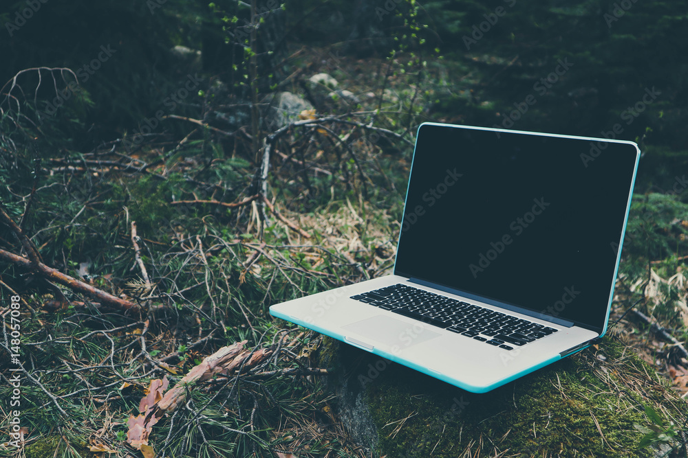 Freelancer laptop computer lost in the forest glade, amid the greenery