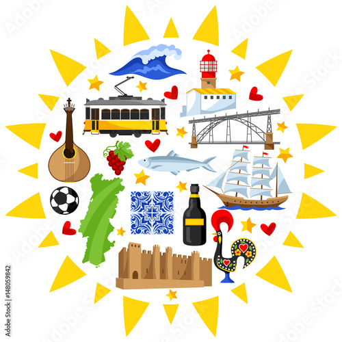 Portugal background design. Portuguese national traditional symbols and objects