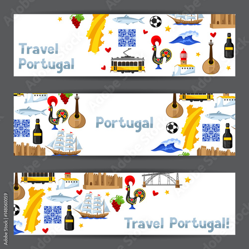 Portugal banners. Portuguese national traditional symbols and objects