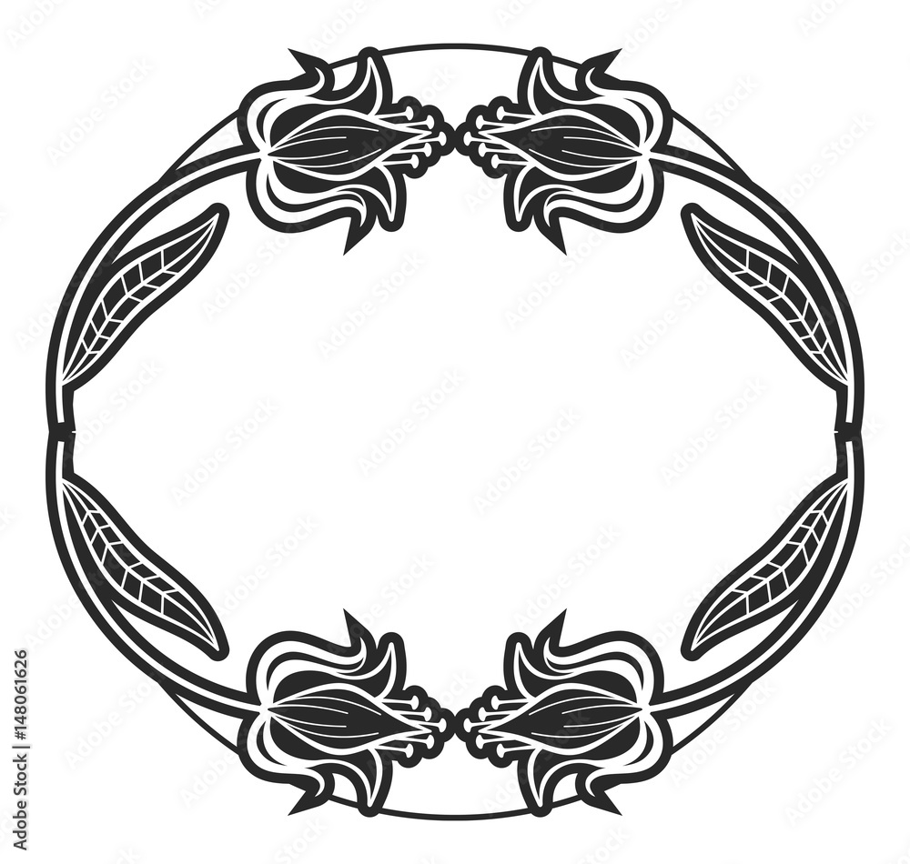 Black and white round frame with floral silhouettes. Copy space. Black and white round frame with floral silhouettes. Copy space.