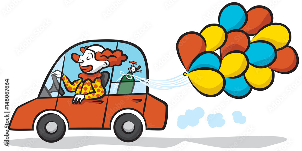 A clown drives a car full of balloons to a birthday party. A clown drives a car full of balloons to a birthday party.