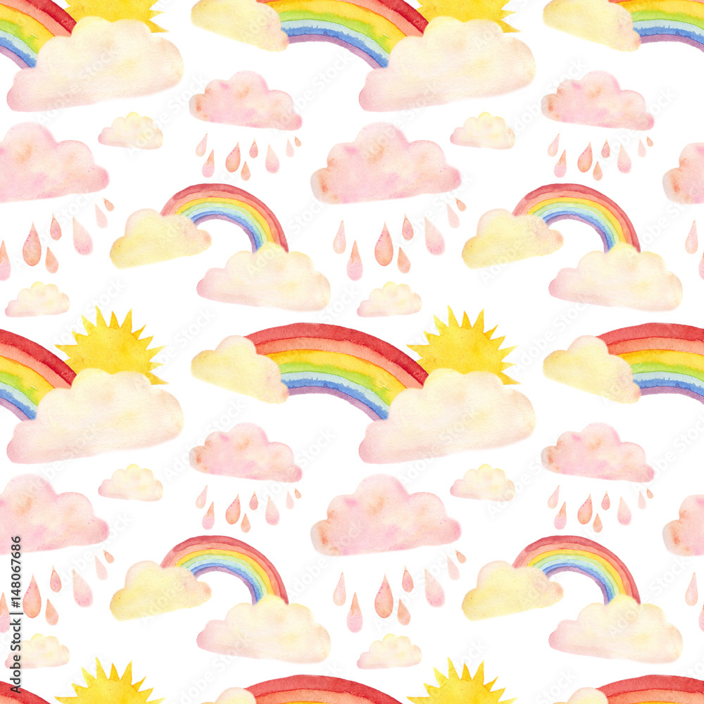 Watercolor seamless pattern with rainbow, clouds, raindrops isolated on white. Children cute repeating background Watercolor seamless pattern with rainbow, clouds, raindrops isolated on white. Children cute repeating background