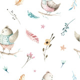 Cute baby bird animal seamless pattern, forest illustration for children clothing. Woodland watercolor Hand drawn boho chiken image for cases design, nursery poster
