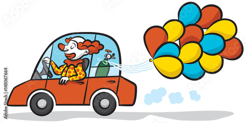 A clown drives a car full of balloons to a birthday party.