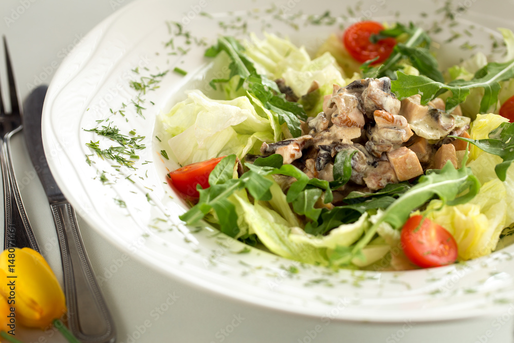 Tasty salad with chicken and arugula Tasty salad with chicken and arugula