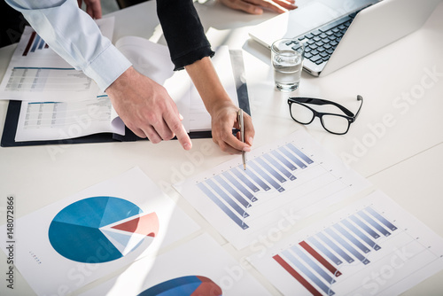 Business experts analyzing statistical bar and pie charts