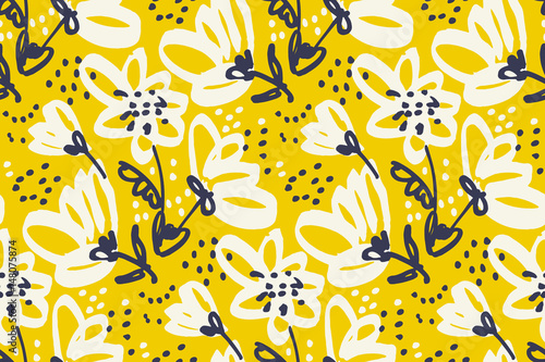 Vector seamless pattern for surface design. Freehand illustration with flower in vivid yellow color. Shabby floral design element for card, header, invitation.