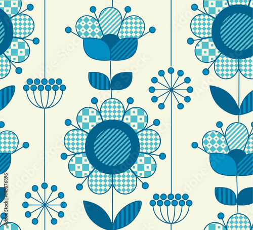 Vector seamless flower pattern for surface design in traditional folk style. Geometry 60s inspired floral  illustration in blue pottery color for wrapping paper, fabric, cloth.