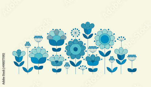 Vector flower horizontal header template for print and web design in peasant folk style. Geometry pattern inspired floral illustration in blue color. .