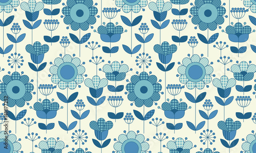 Vector seamless flower pattern for surface design in traditional folk style. Geometry 60s inspired floral illustration in blue pottery color for wrapping paper, fabric, cloth.