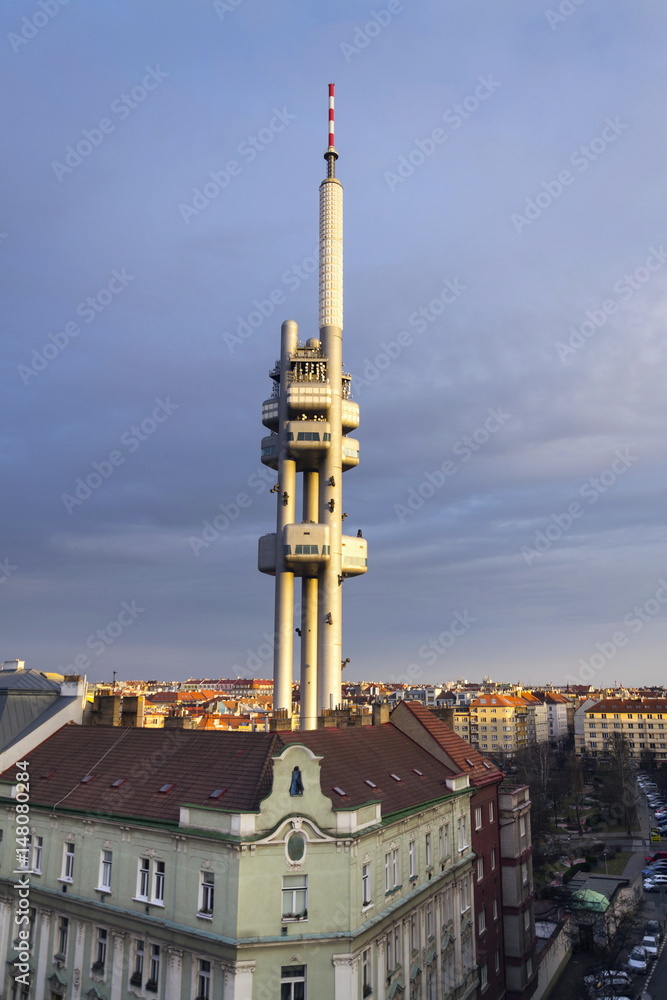 Prague skyline with Zizkov television tower transmitter
