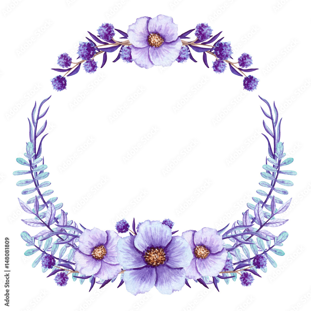 Wreath with Watercolor Flowers and Leaves in Cold Colors