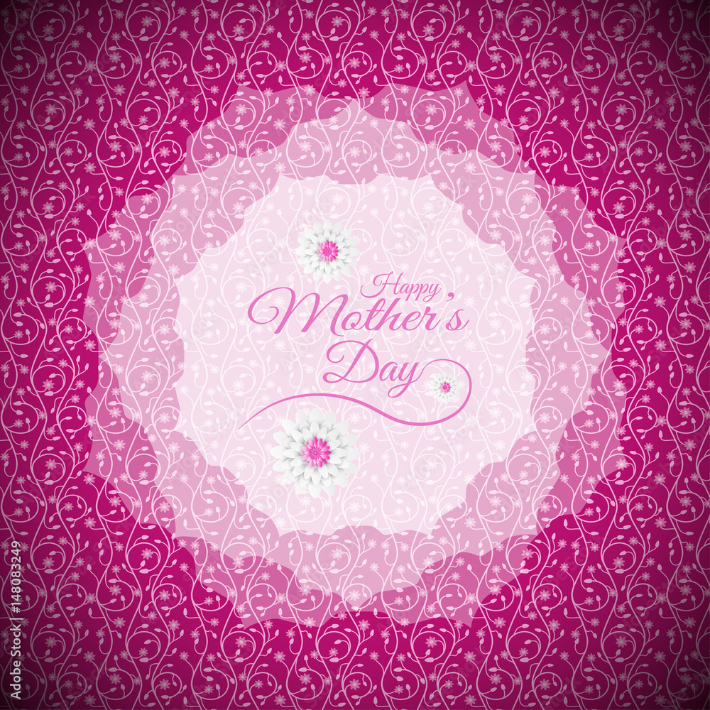 Happy Mother's Day vector poster on the gradient pink background with floral pattern, floral glow shape with flowers and text.
