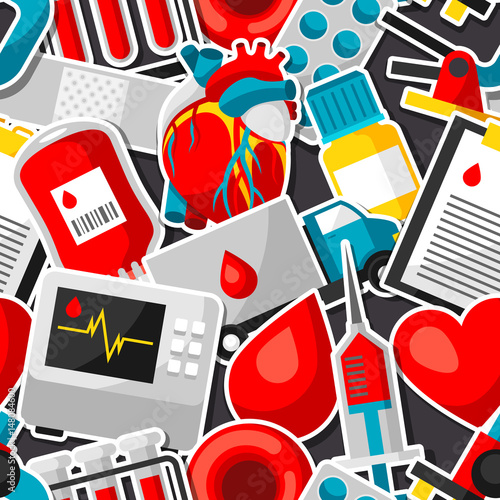 Seamless pattern with blood donation items. Medical and health care sticker objects