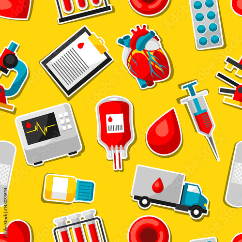 Seamless pattern with blood donation items. Medical and health care sticker objects