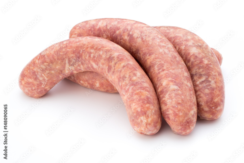 Raw sausage with parsley leaf isolated on white background. Raw sausage with parsley leaf isolated on white background.