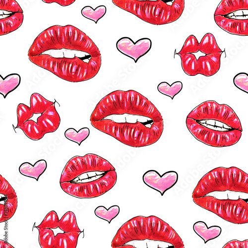 Beautiful sexy lips with white teeth on a white background. Female red lips drawing. Handwork. Seamless pattern for design