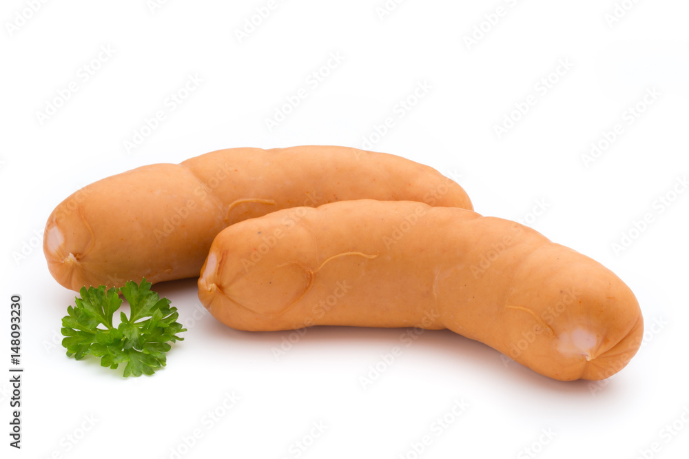 Sausage and spices isolated on white background, fresh delicious frankfurter. Sausage and spices isolated on white background, fresh delicious frankfurter.