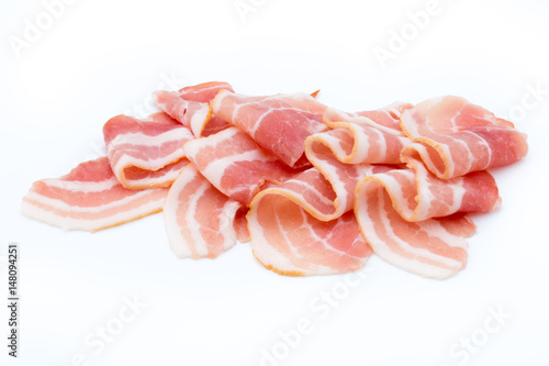 Bacon isolated on white background. Delikatese food.