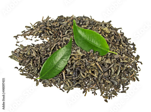Green tea with leaves isolated on a white background