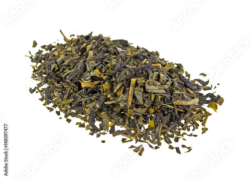 Heap of Chinese green tea on a white background