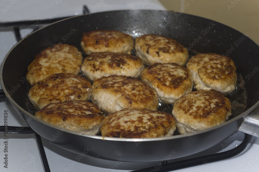 Homemade cutlets prepare on a frying pan