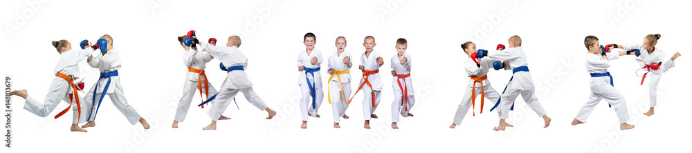 Children in karategi are training blows on white background collage Children in karategi are training blows on white background collage
