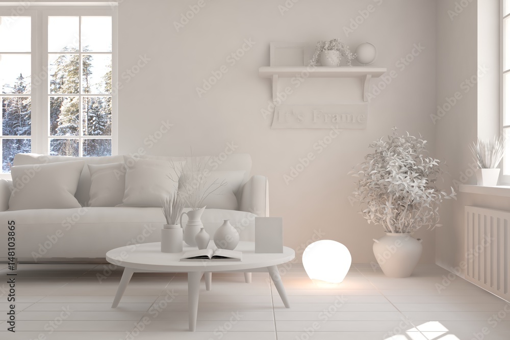 White room with sofa and winter landscape in window. Scandinavian interior design. 3D illustration White room with sofa and winter landscape in window. Scandinavian interior design. 3D illustration
