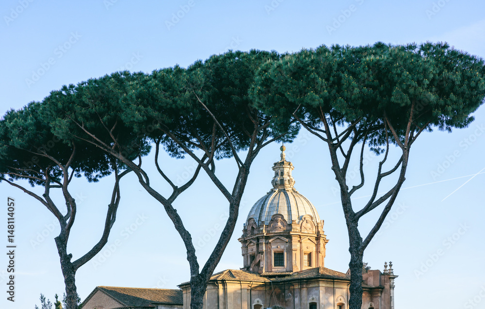 Rome, Italy -  Santa Maria di Loreto church and stone pines