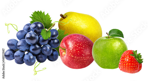 apples,grapes,pear and strawberries isolated on white