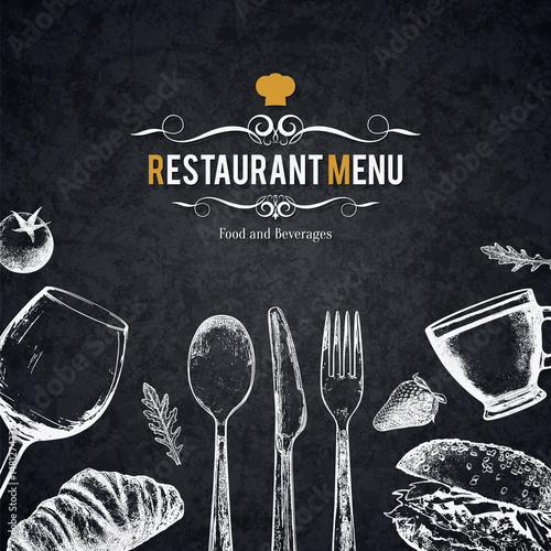 Restaurant menu design. Vector menu brochure template for cafe, coffee house, restaurant, bar. Food and drinks logotype symbol design. With a sketch pictures