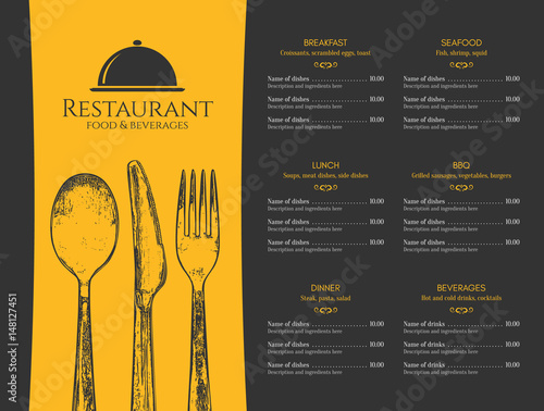 Restaurant menu design. Vector menu brochure template for cafe, coffee house, restaurant, bar. Food and drinks logotype symbol design. With a sketch pictures