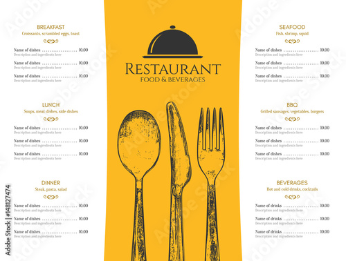 Restaurant menu design. Vector menu brochure template for cafe, coffee house, restaurant, bar. Food and drinks logotype symbol design. With a sketch pictures