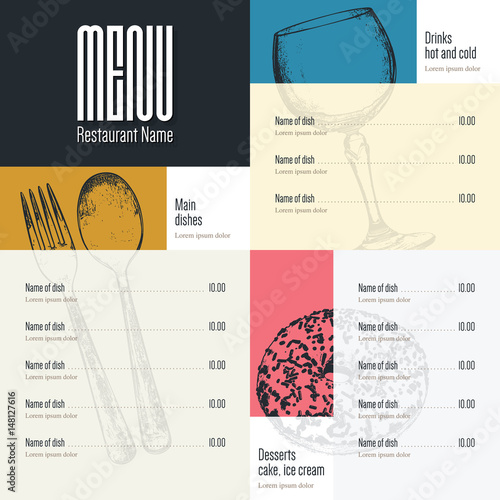 Restaurant menu design. Vector menu brochure template for cafe, coffee house, restaurant, bar. Food and drinks logotype symbol design. With a sketch pictures
