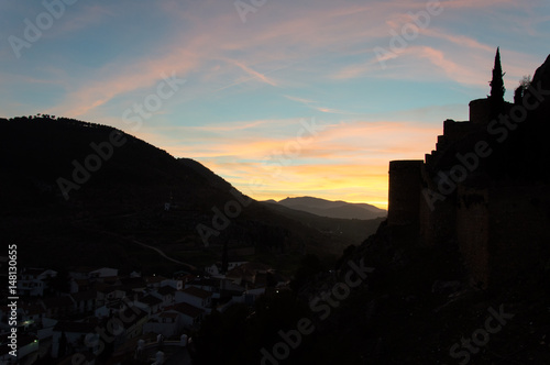 Idyllic view of sunset in the mountains on a day in March  captured in Mocl  n  Andalusia  Spain